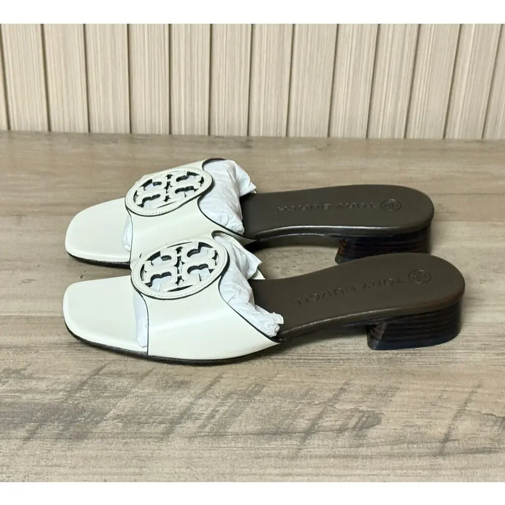 Tory Burch Women’s Bombé Miller Slide Calfskin Leather White 25mm Size 6M